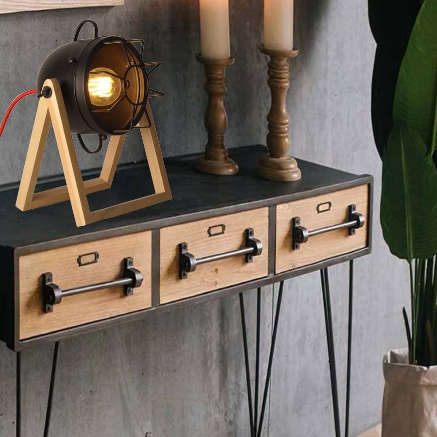Lámpara de mesa de madera vintage "TACHICOM" E27