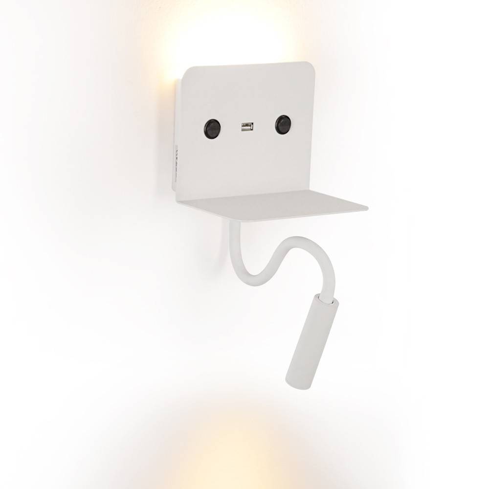 Aplique de pared LED para lectura "SLANGE" 3W + 6W orientable y base de carga USB