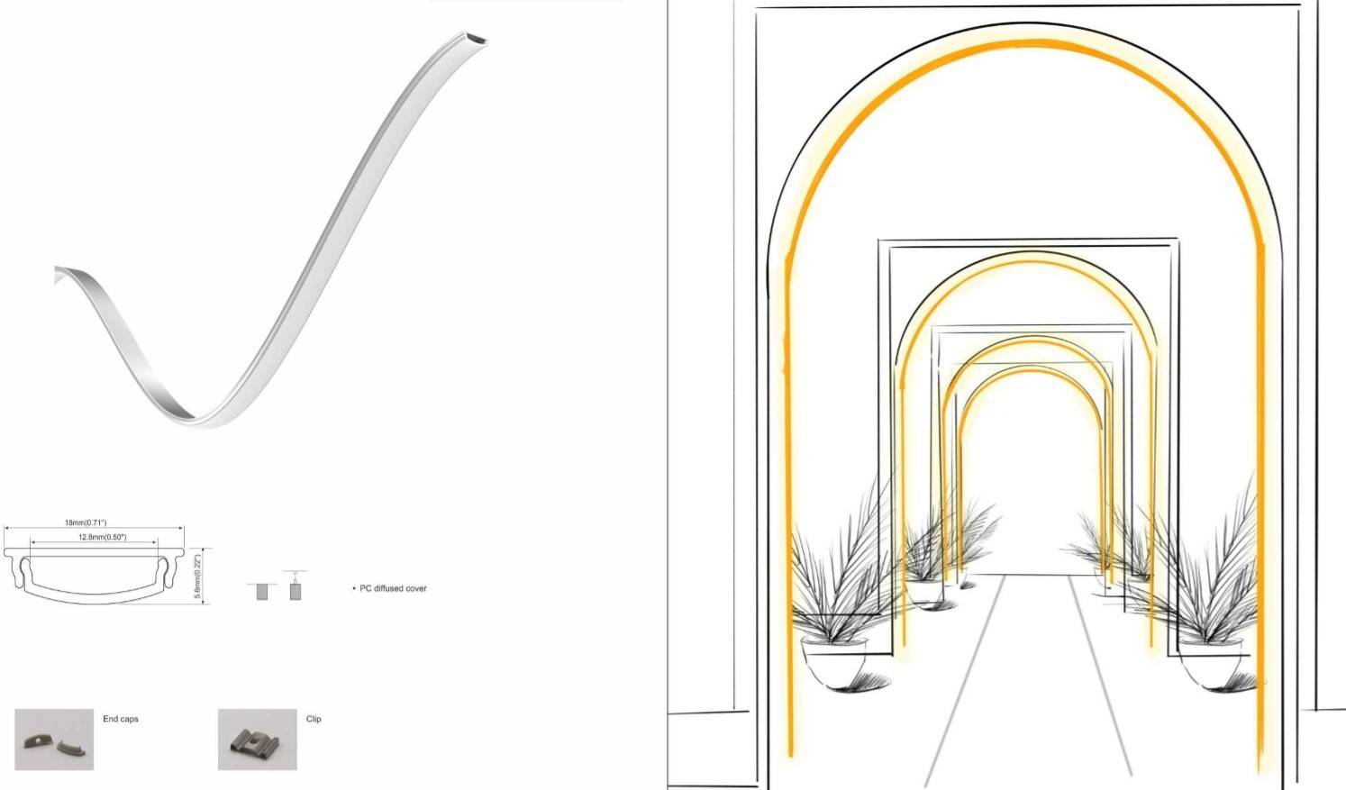 Perfil de aluminio para tira LED flexible / moldeable - 18x6mm - 2 metros