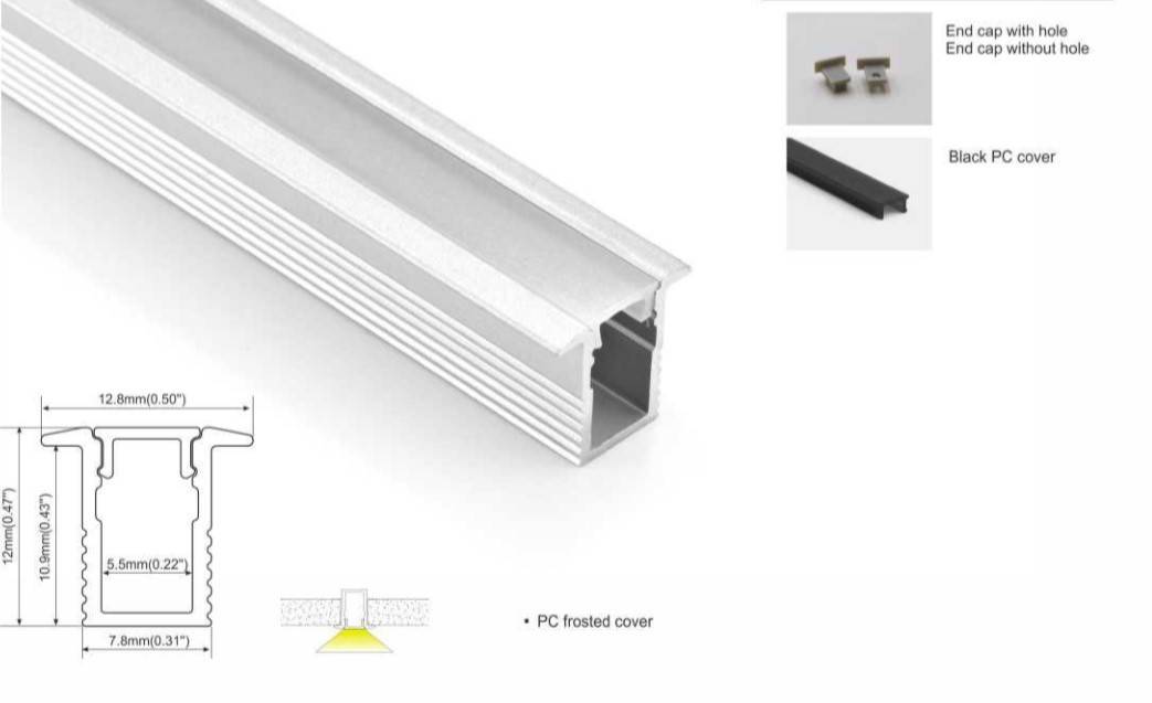 Perfil de aluminio empotrable para tira LED - 13x12mm - Tiras LED ≤5mm - 2 metros