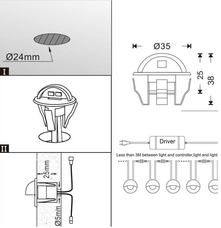 Kit 6 focos LED empotrables balizas para escalera 0,4W 12V-DC IP67