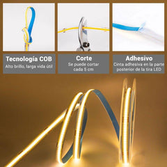 Tira LED COB 24V DC - 12W/m - 8mm - IP20 - Rollo de 5 metros - Corte cada 4,5 cm