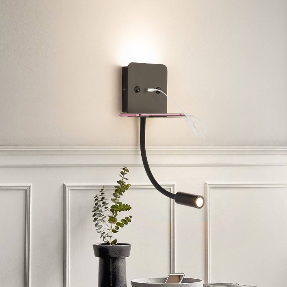 Aplique de pared LED para lectura "SLANGE" 3W + 6W orientable y base de carga USB