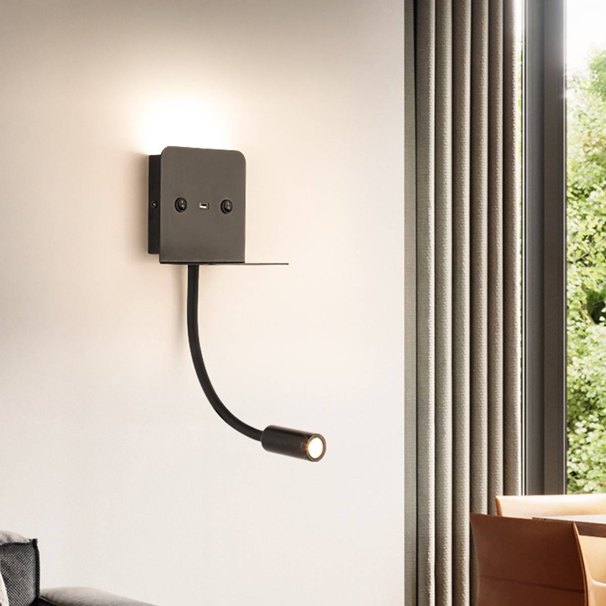 Aplique de pared LED para lectura "SLANGE" 3W + 6W orientable y base de carga USB