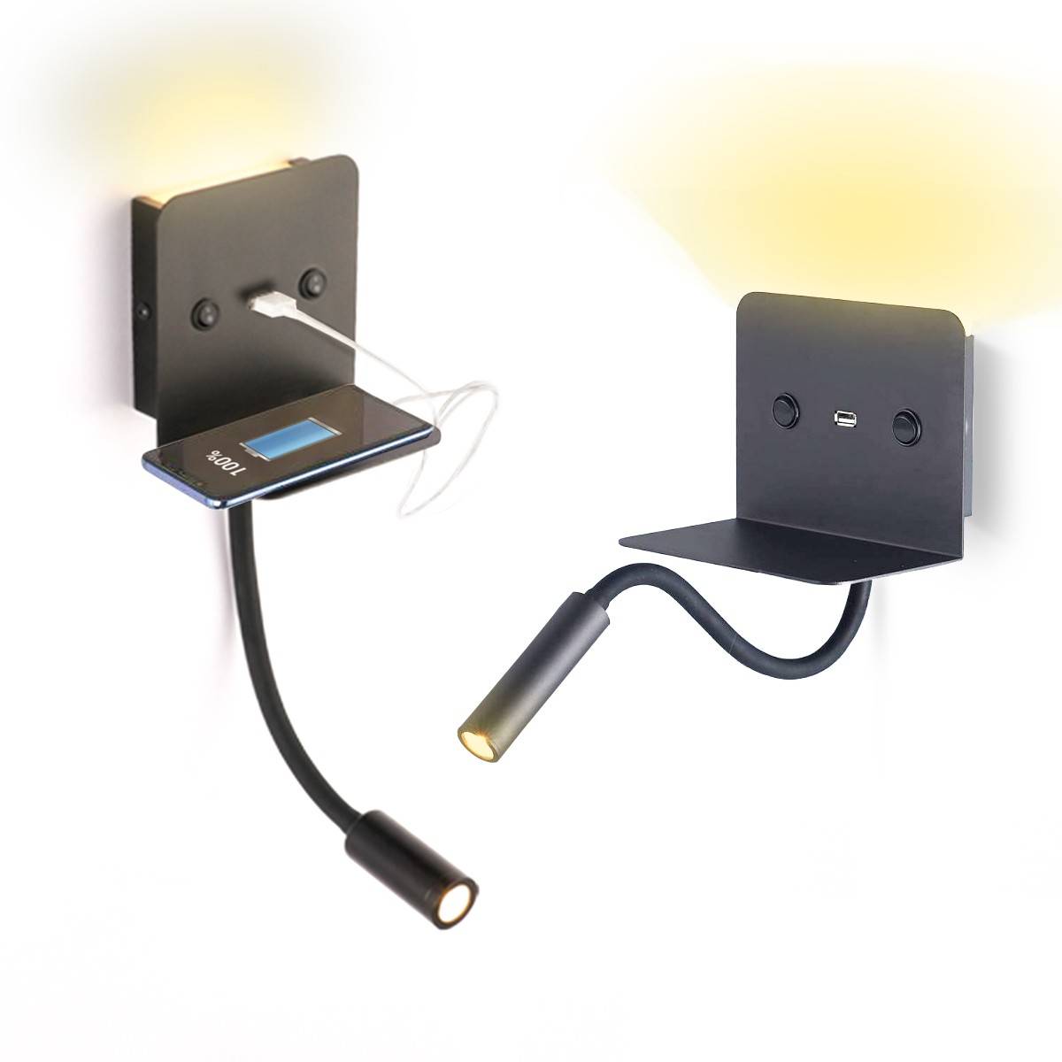Aplique de pared LED para lectura "SLANGE" 3W + 6W orientable y base de carga USB