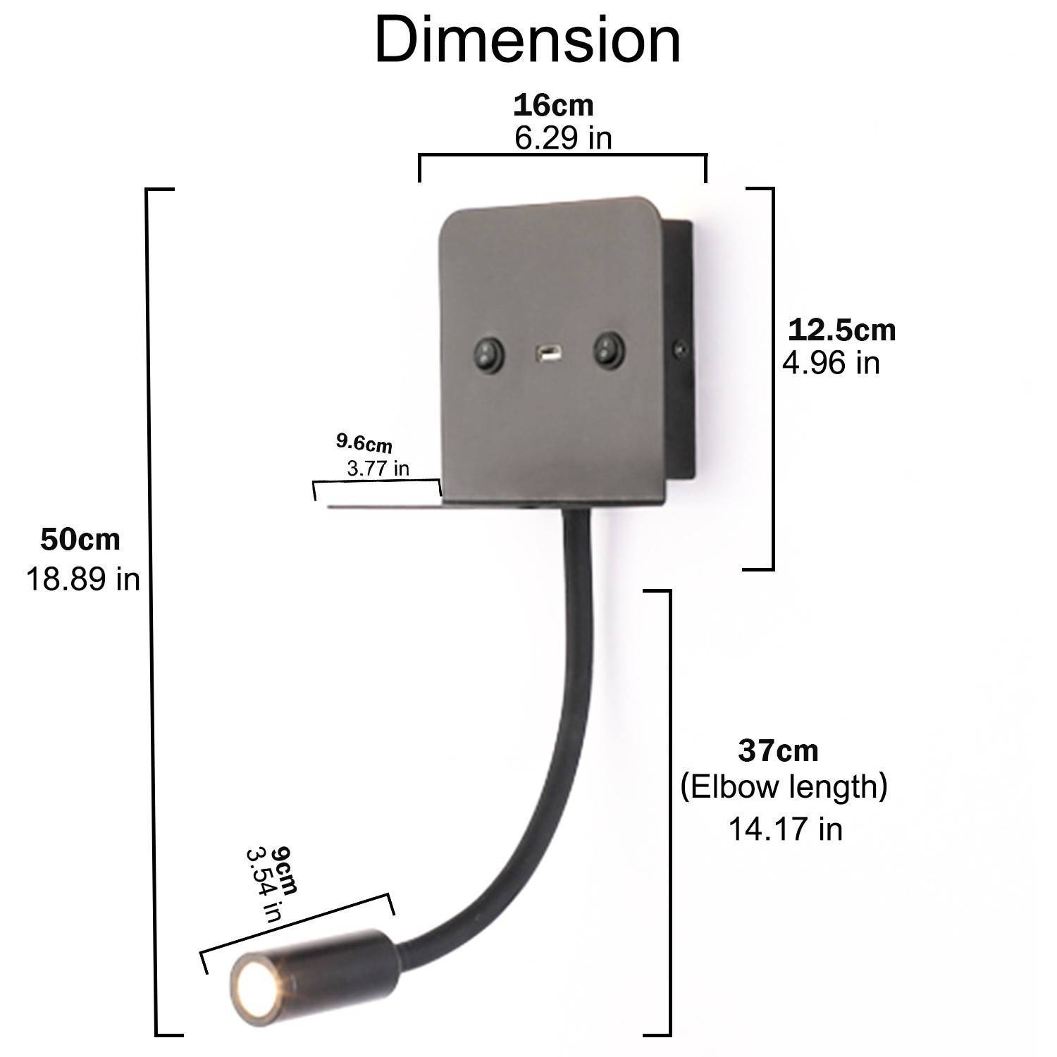 Aplique de pared LED para lectura "SLANGE" 3W + 6W orientable y base de carga USB