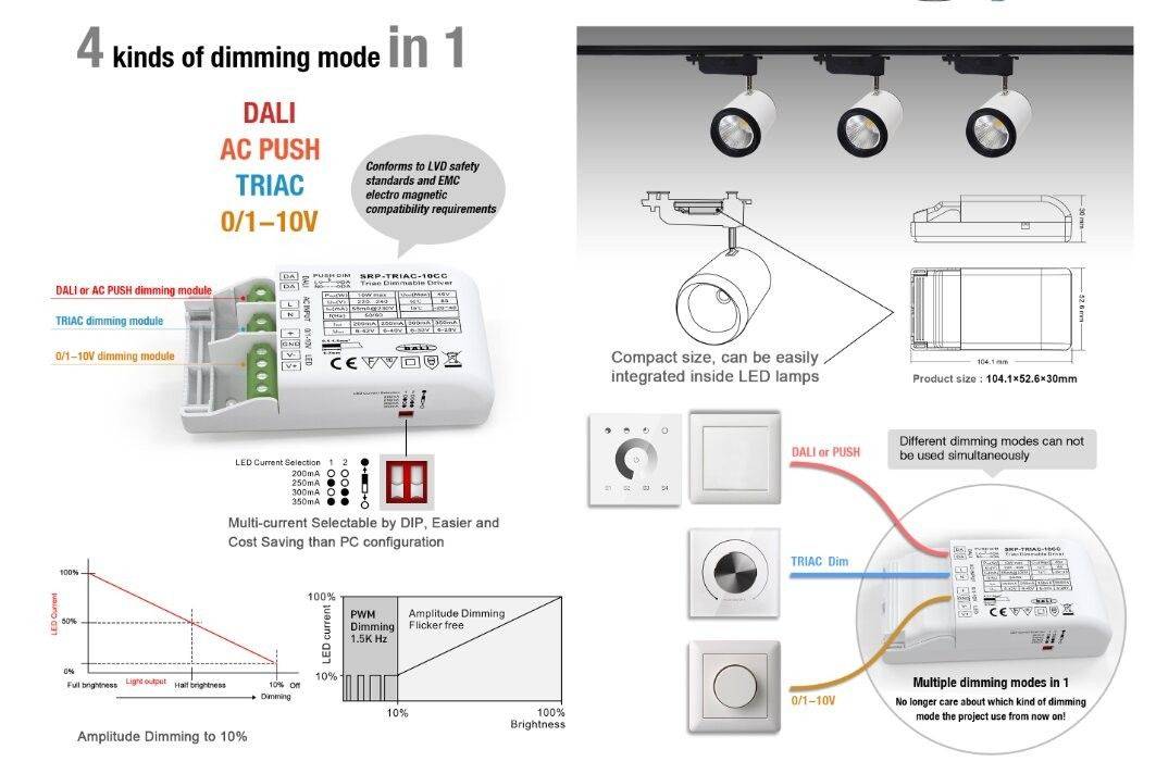 Driver regulable TRIAC DALI PUSH 0/1-10V 6-42V 10W multicorriente (200-350mA)