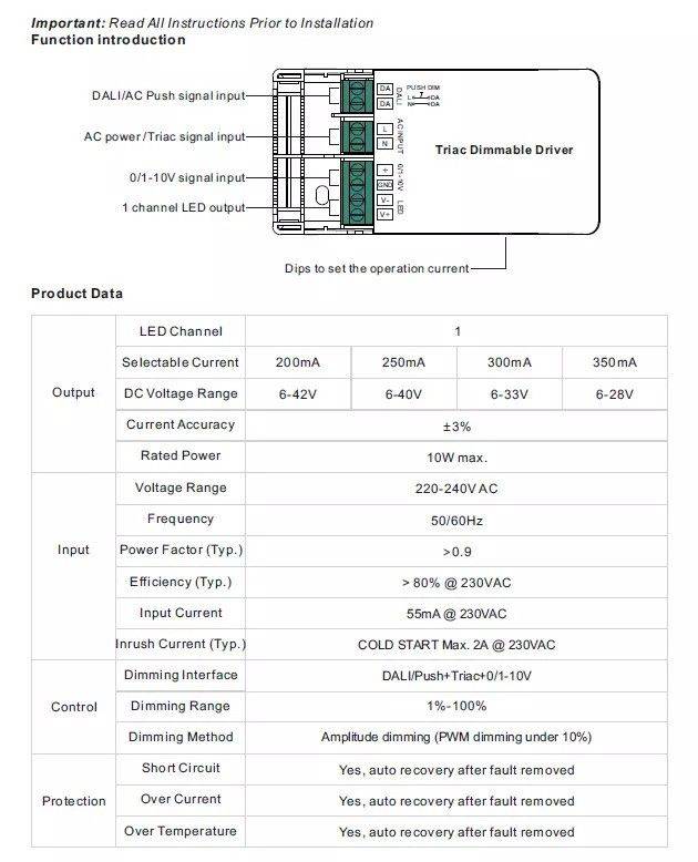 Driver regulable TRIAC DALI PUSH 0/1-10V 6-42V 10W multicorriente (200-350mA)
