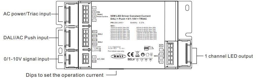 Driver regulable TRIAC DALI PUSH 0/1-10V 8-48VDC 50W multicorriente (180-1500mA)