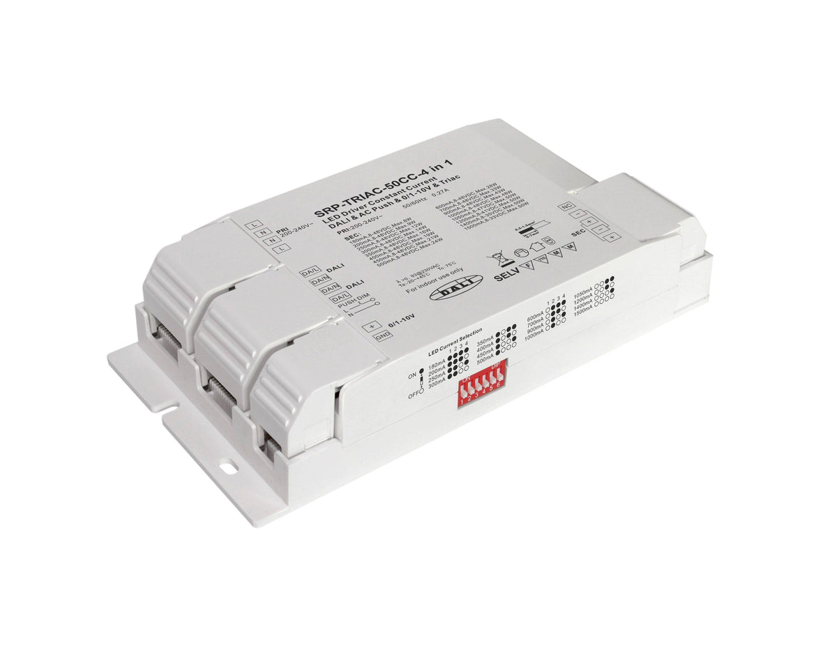 Driver regulable TRIAC DALI PUSH 0/1-10V 8-48VDC 50W multicorriente (180-1500mA)