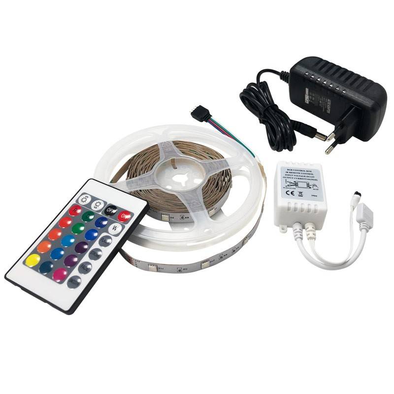 Kit tira LED RGB 5m con fuente, mando y controlador compatible 12V y 24V