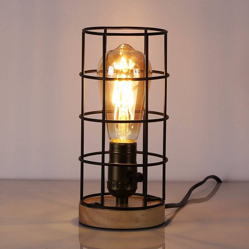 Lámpara vintage de mesa de estilo industrial madera y rejilla "GREGOR"