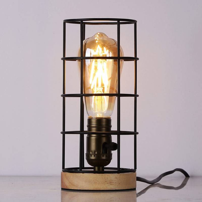 Lámpara vintage de mesa de estilo industrial madera y rejilla "GREGOR"