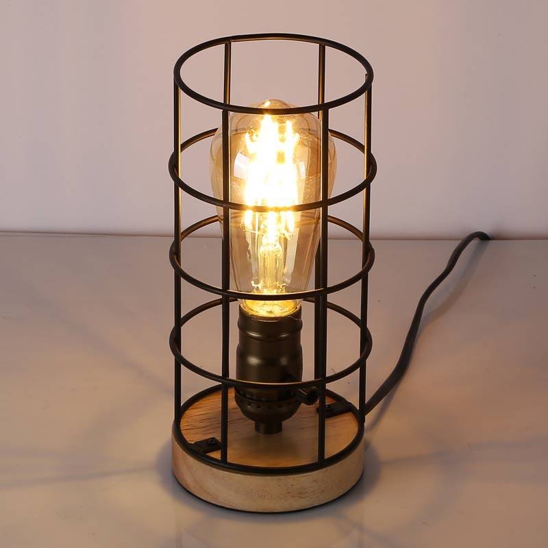 Lámpara vintage de mesa de estilo industrial madera y rejilla "GREGOR"