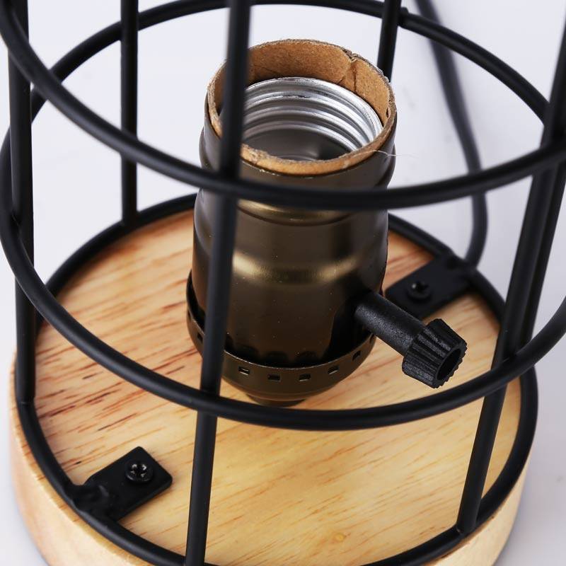 Lámpara vintage de mesa de estilo industrial madera y rejilla "GREGOR"