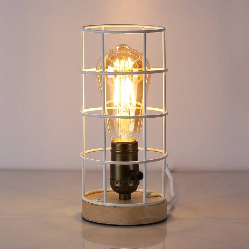 Lámpara vintage de mesa de estilo industrial madera y rejilla "GREGOR"