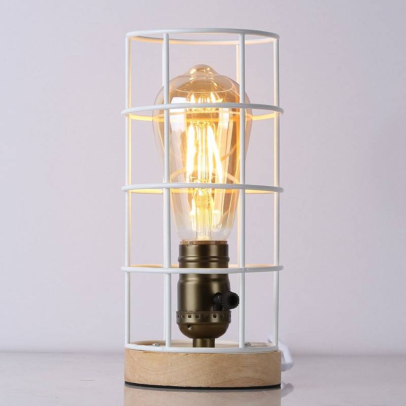 Lámpara vintage de mesa de estilo industrial madera y rejilla "GREGOR"