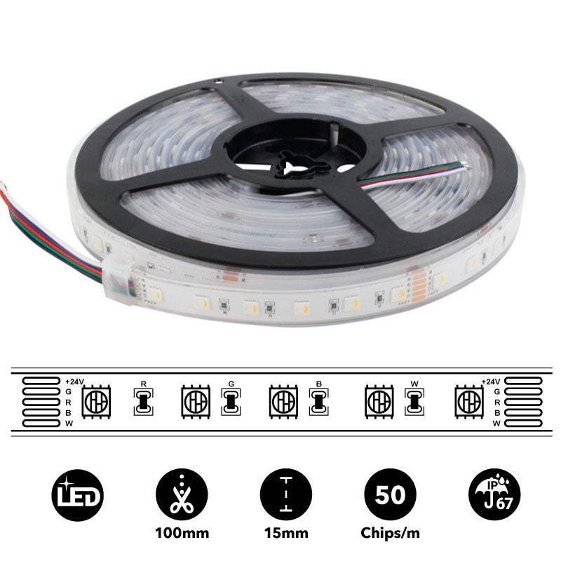 Tira LED estanca RGBWW - 19W/m - 24V - 60 LED/M - IP67 - 5m