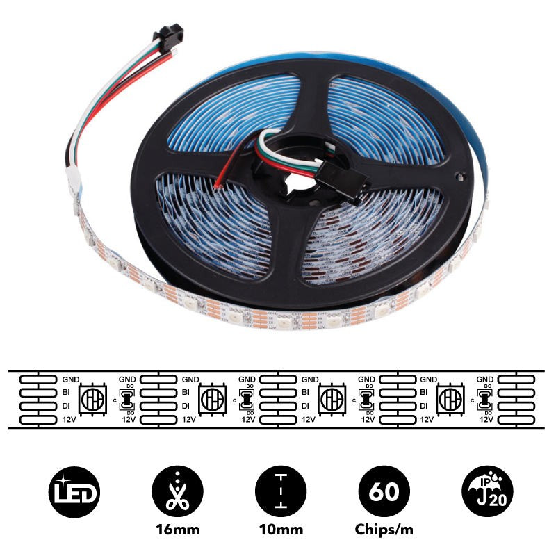 Tira LED inteligente IC RGB 12V DC - 14,4 W/m -IP20 - 60 LED/m - Ancho 10mm - 5 metros