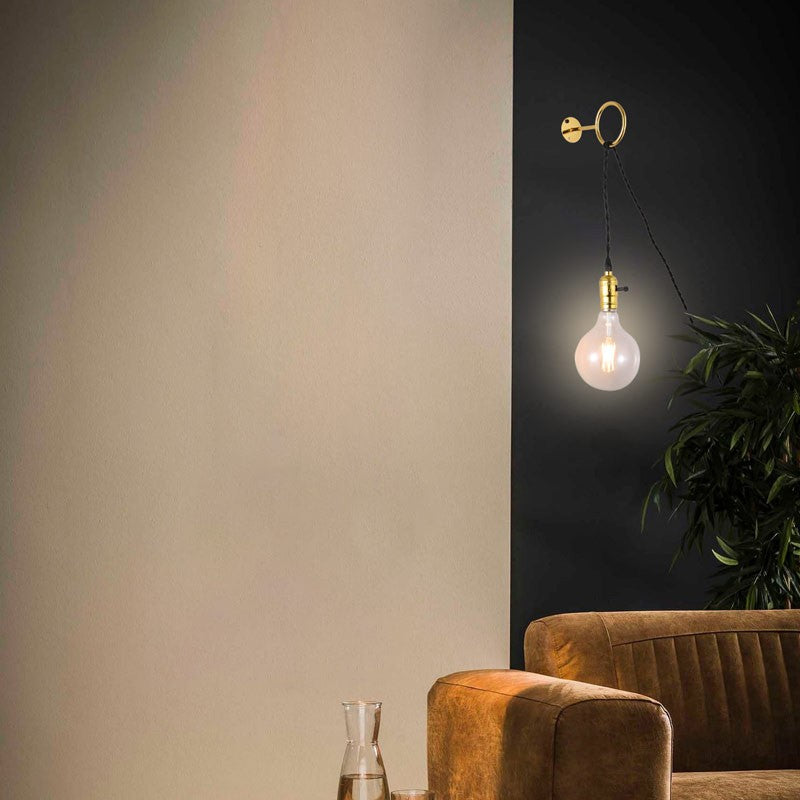 Aplique de Pared Interior Dorado con Enchufe y Interruptor para Dormitorio, Escalera, Escritorio