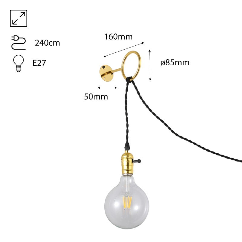 Aplique de Pared Interior Dorado con Enchufe y Interruptor para Dormitorio, Escalera, Escritorio