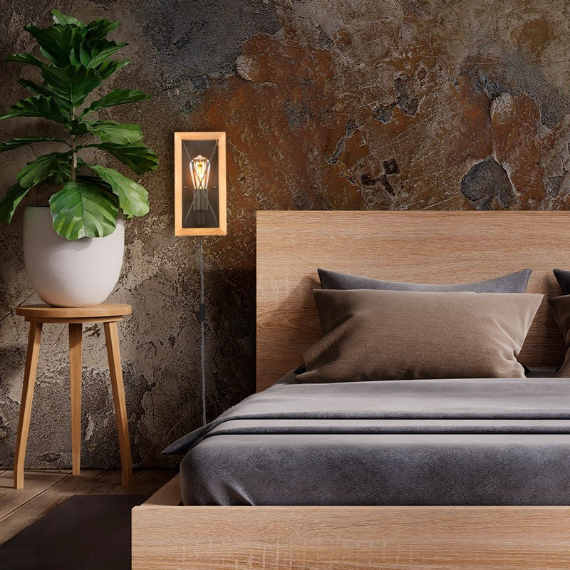 Aplique de pared en madera y metal, con cable y enchufe "Montse" - E27