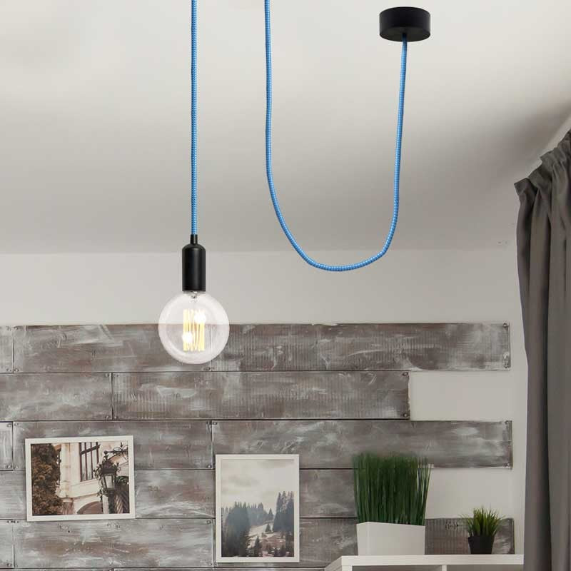 Cable Eléctrico Redondo recubierto en tejido efecto Seda Color Azul & Blanco