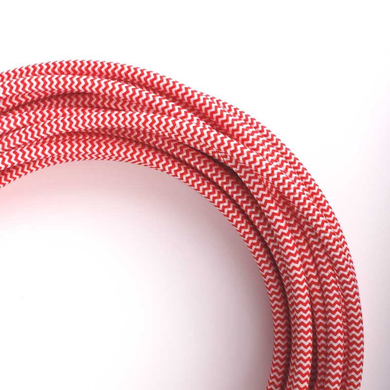 Cable Eléctrico Redondo Recubierto en tejido Efecto Seda ZigZag, Rojo & Blanco