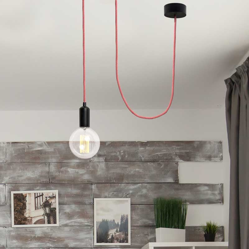 Cable Eléctrico Redondo Recubierto en tejido Efecto Seda ZigZag, Rojo & Blanco