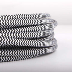 Cable Eléctrico Redondo Recubierto en tejido Efecto Seda ZigZag, Blanco & Negro