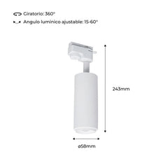 Foco de carril monofásico con ángulo lumínico ajustable y articulado de 8W zoom
