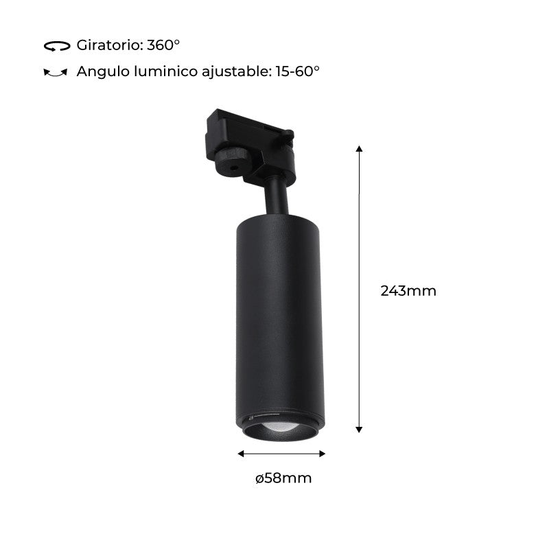 Foco de carril monofásico con ángulo lumínico ajustable y articulado de 8W zoom