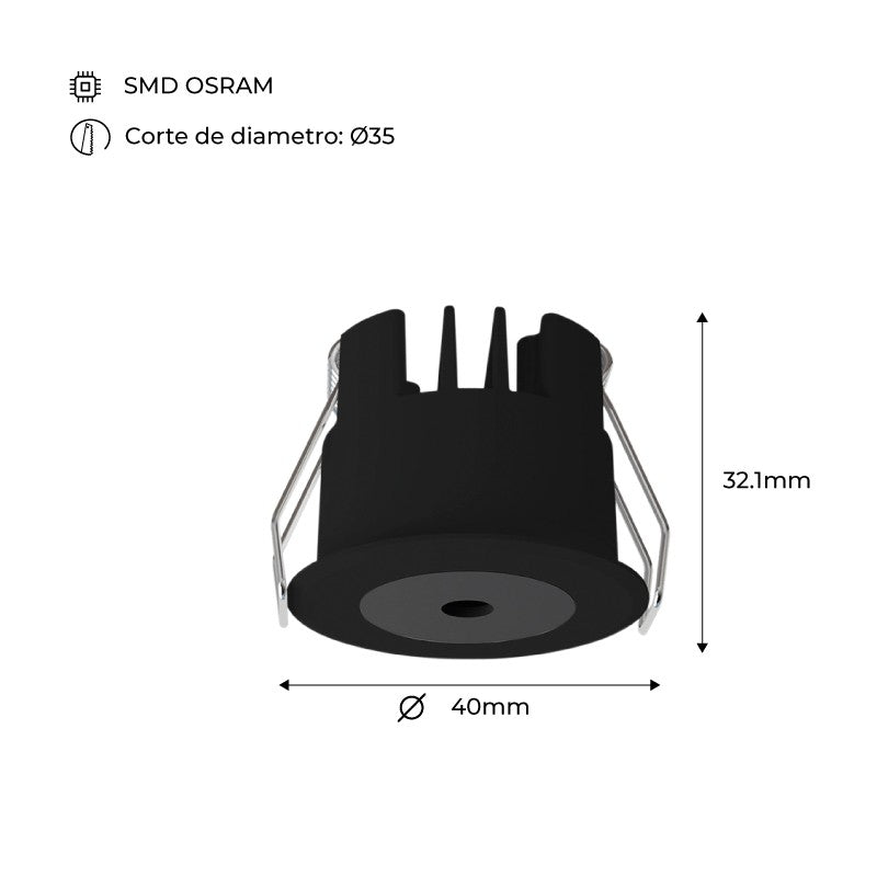 Downlight LED Mini 3W - Chip OSRAM - Bajo UGR - CRI 90 - Ø 40mm