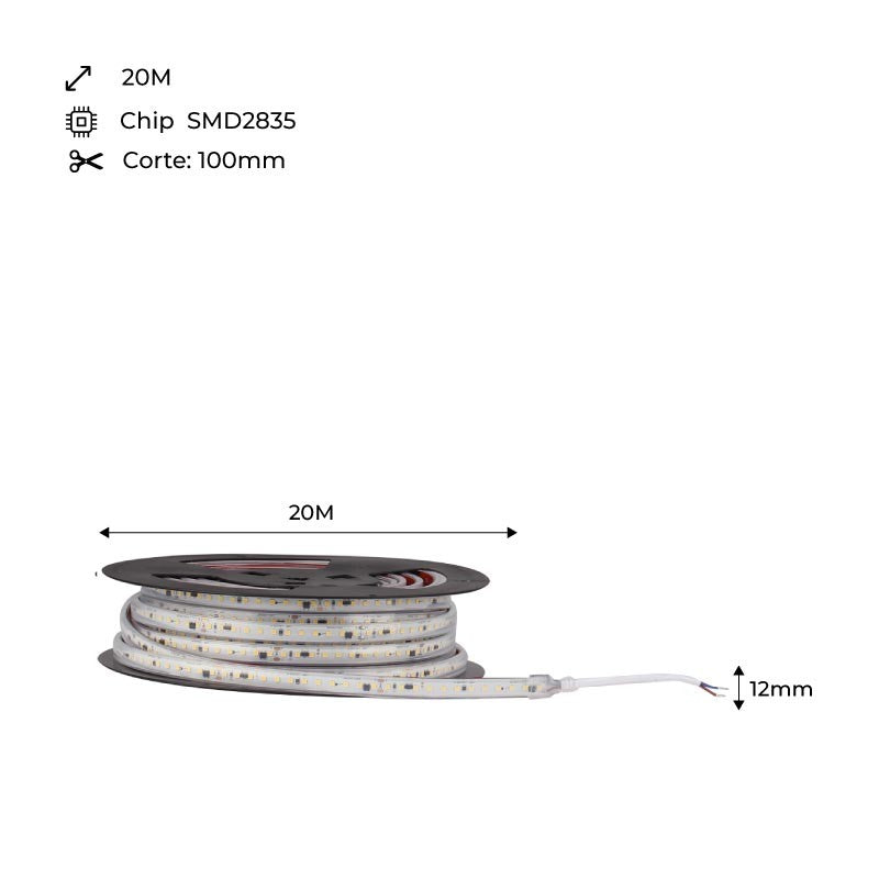Tira LED 220V - 300W (2400xSMD2835) - 12mm - Apta exterior: IP67 - Rollo 20 metros