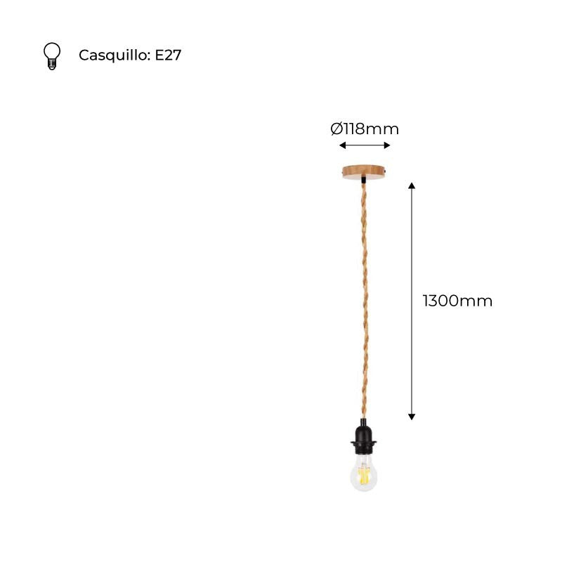 Lámpara colgante de madera y cuerda para bombilla E27 130cm