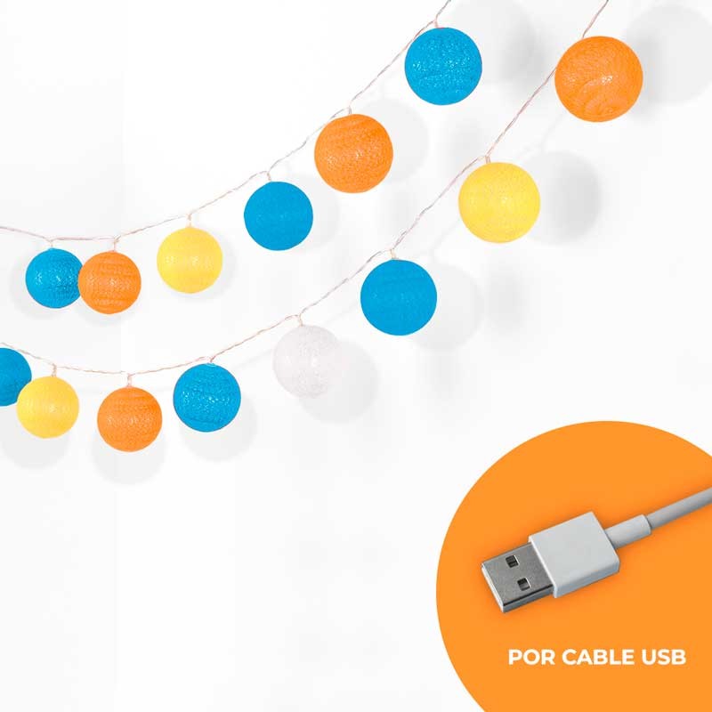Guirnalda LED bolas de algodón 20 Bolas con USB 3m-IP44-4cm