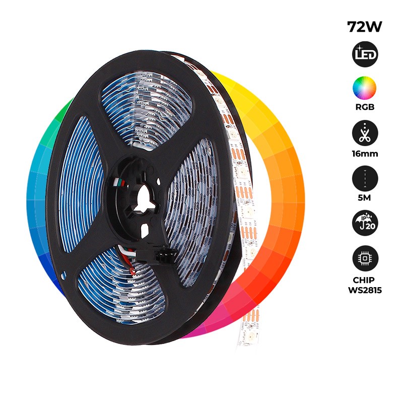 Tira LED inteligente IC RGB 12V DC - 14,4 W/m -IP20 - 60 LED/m - Ancho 10mm - 5 metros