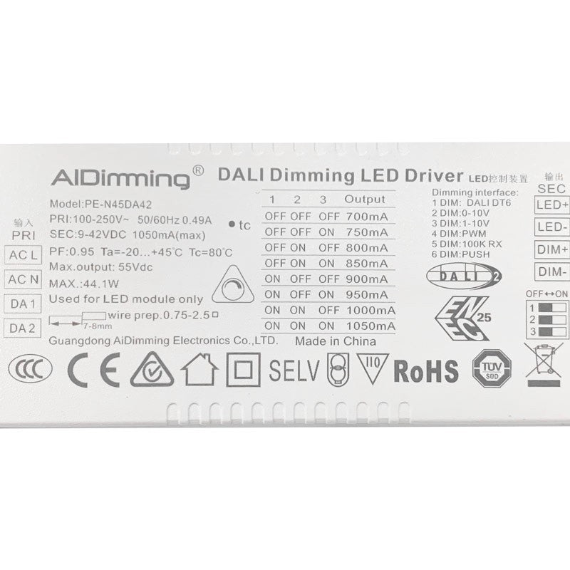 Driver regulable DALI PUSH 0-10V 9-42V 44W multicorriente (700-1050mA)
