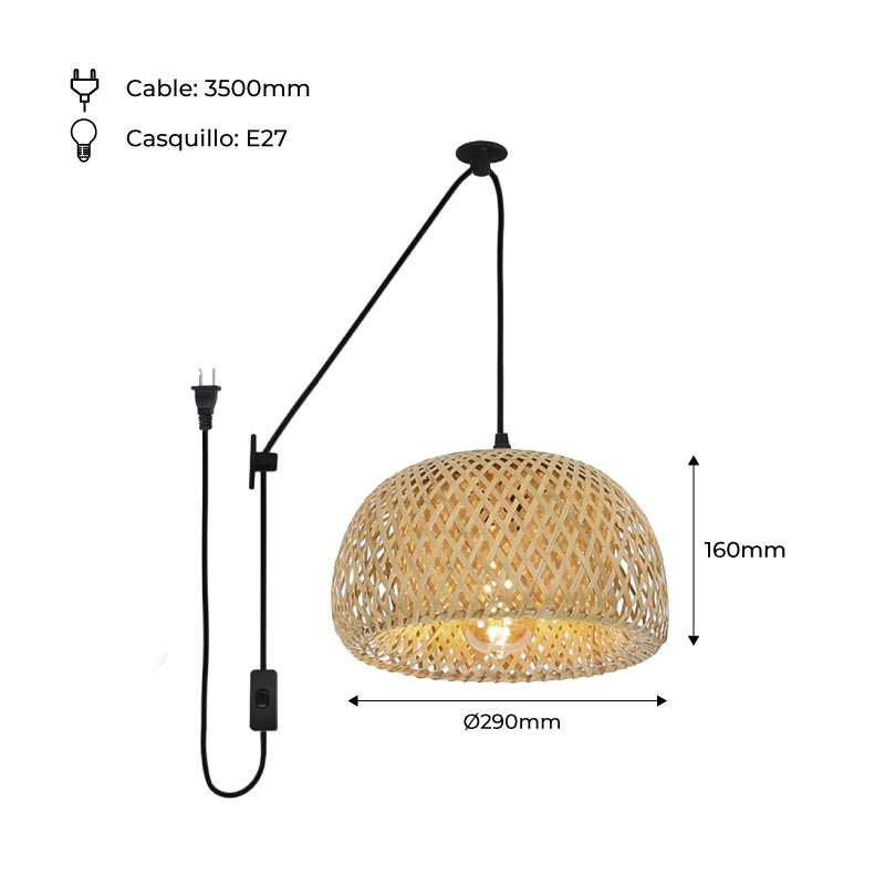 Lámpara colgante de mimbre "Yonna" con cable y enchufe