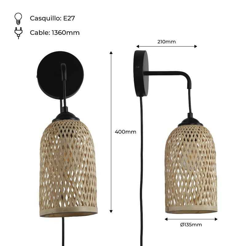 Aplique de pared de mimbre con enchufe "Frida" E27