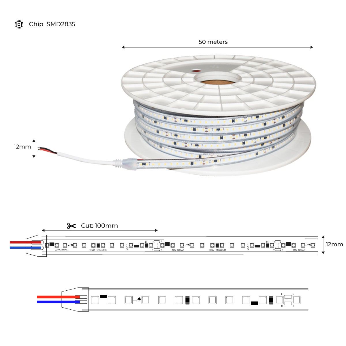 Tira LED 220V - 950W (6000xSMD2835) 12mm -  IP67 - Rollo 50 metros - Corte cada 10cm