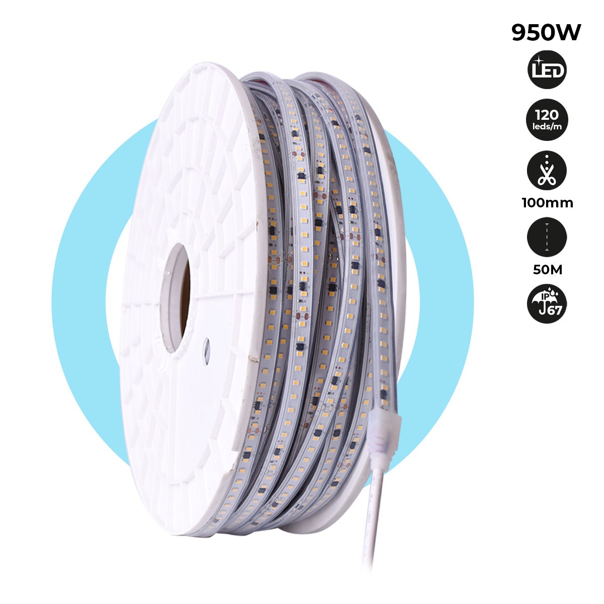 Tira LED 220V - 950W (6000xSMD2835) 12mm -  IP67 - Rollo 50 metros - Corte cada 10cm
