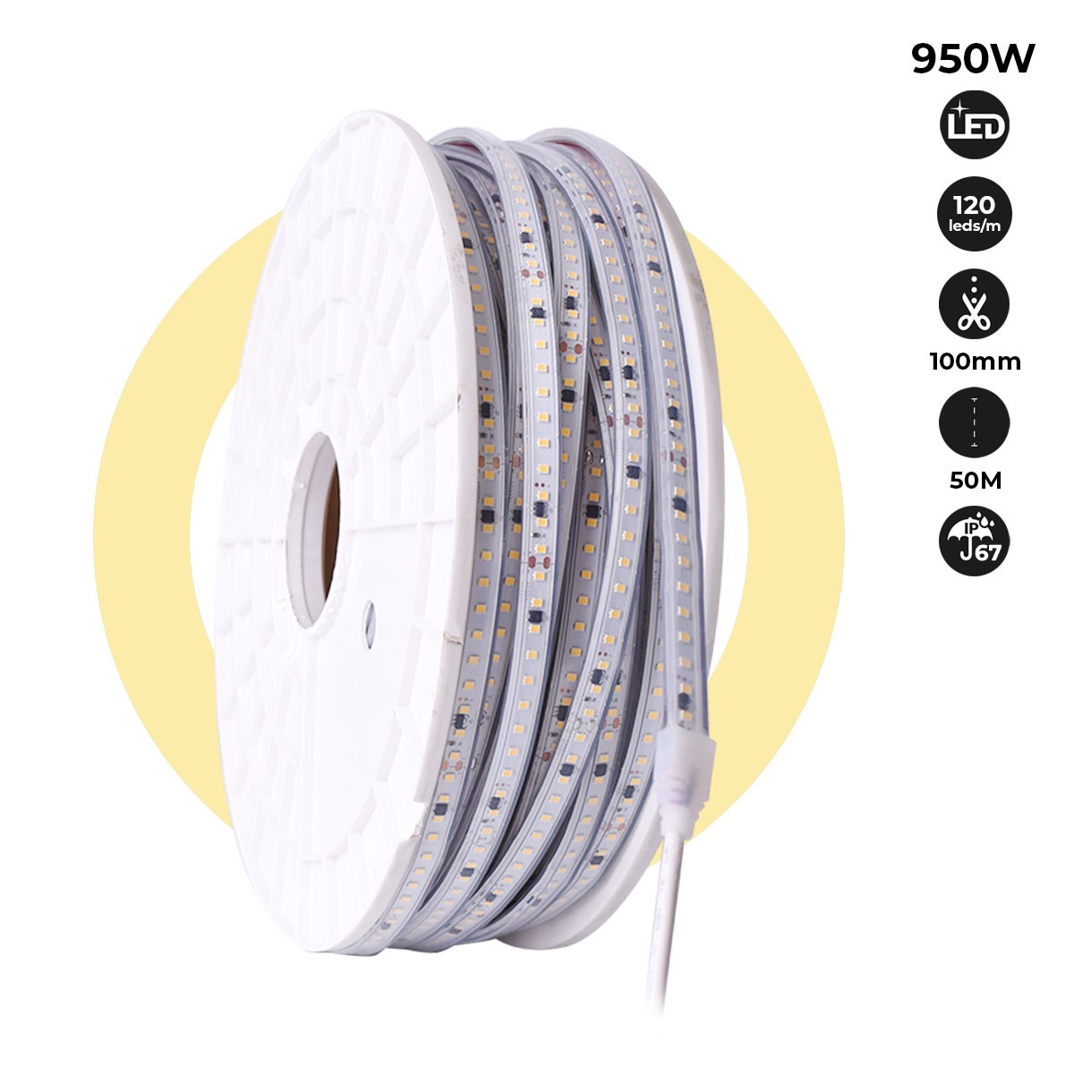 Tira LED 220V - 950W (6000xSMD2835) 12mm -  IP67 - Rollo 50 metros - Corte cada 10cm