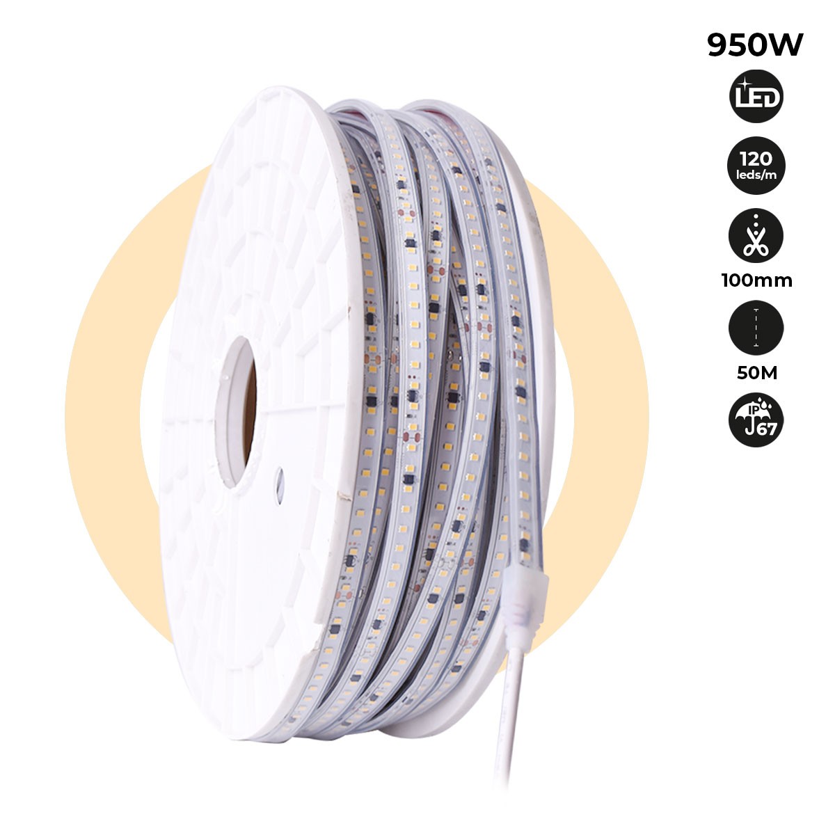 Tira LED 220V - 950W (6000xSMD2835) 12mm -  IP67 - Rollo 50 metros - Corte cada 10cm