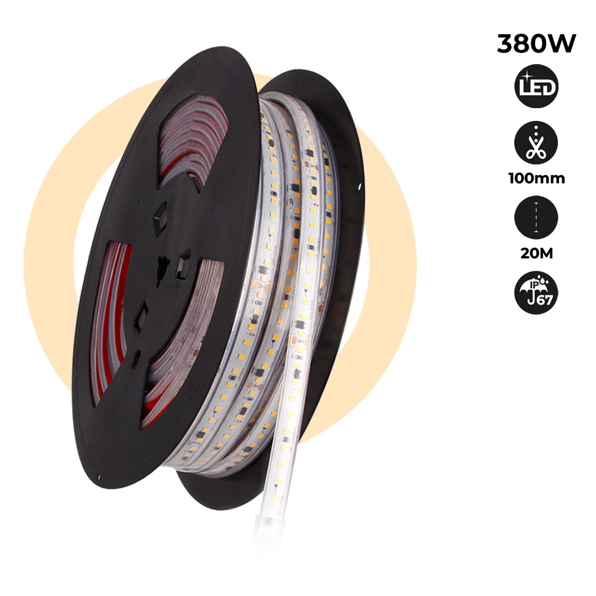 Tira LED 220V - 300W (2400xSMD2835) - 12mm - Apta exterior: IP67 - Rollo 20 metros