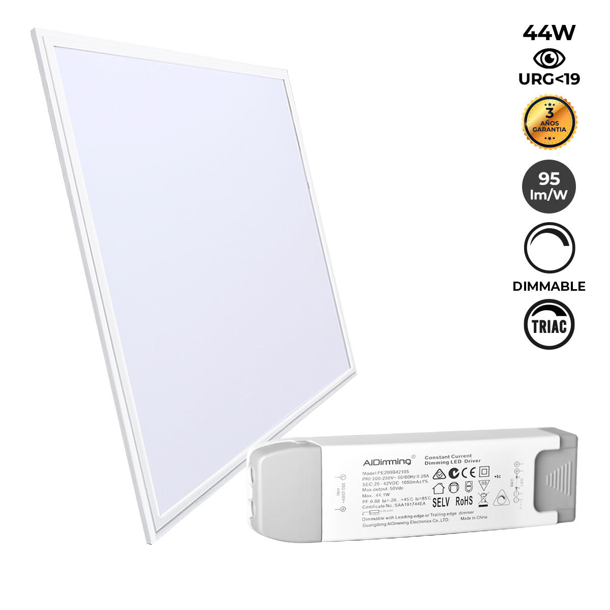 Panel LED empotrable 60X60cm - TRIAC regulable - 44W - UGR19 - IP40