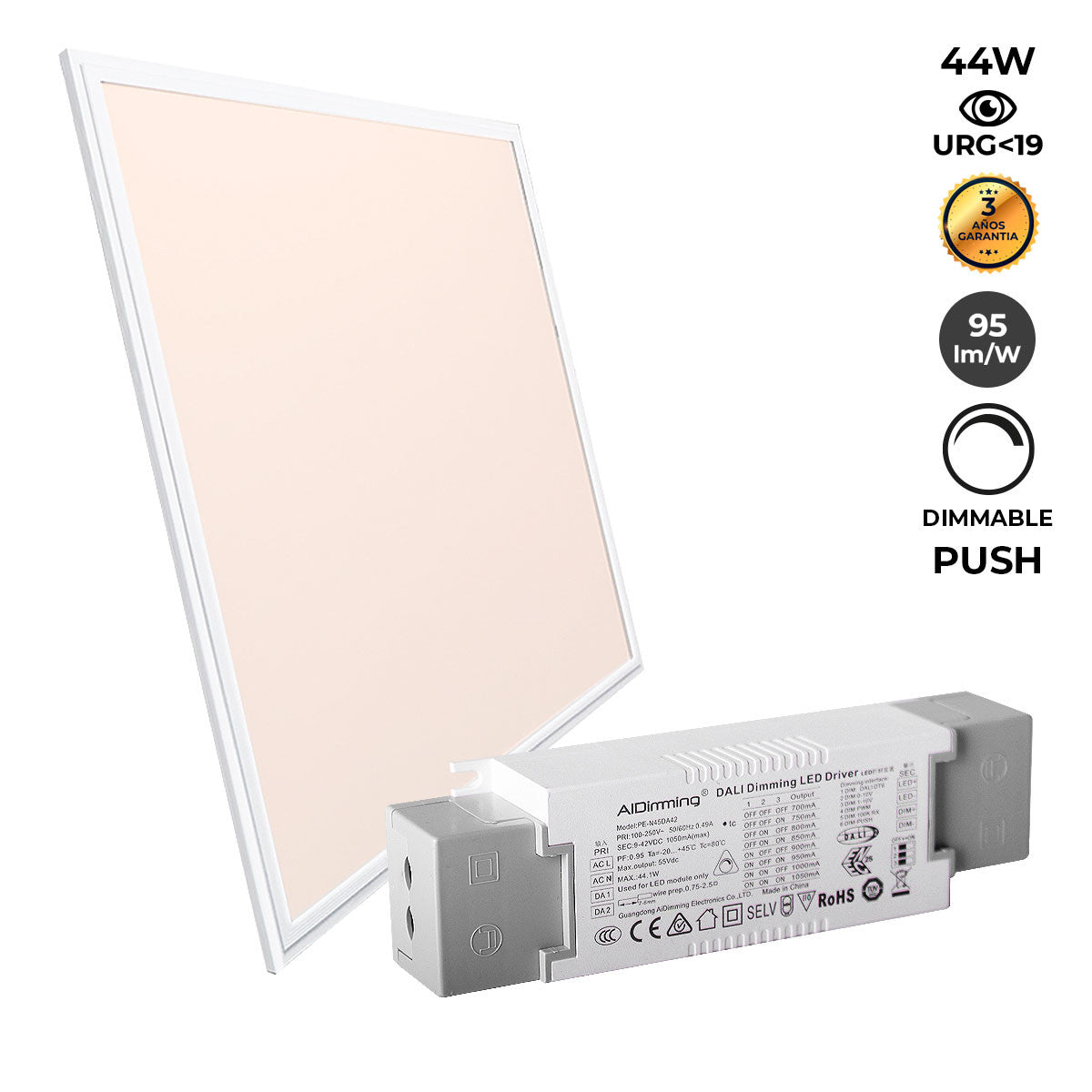 Panel LED empotrable 60X60cm - PUSH regulable - 44W - UGR19 - IP40