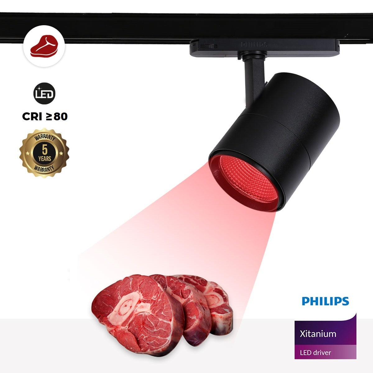 Foco LED para carril trifásico especial para carnicerías - Driver integrado Philips Xitanium- LED COB - 40W