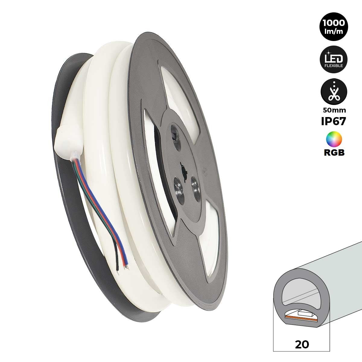Neón LED flexible circular RGB - 24 V -  Instalación sobre superficie - Ø20mm - 5 metros - 22W/m - Kit completo - IP67