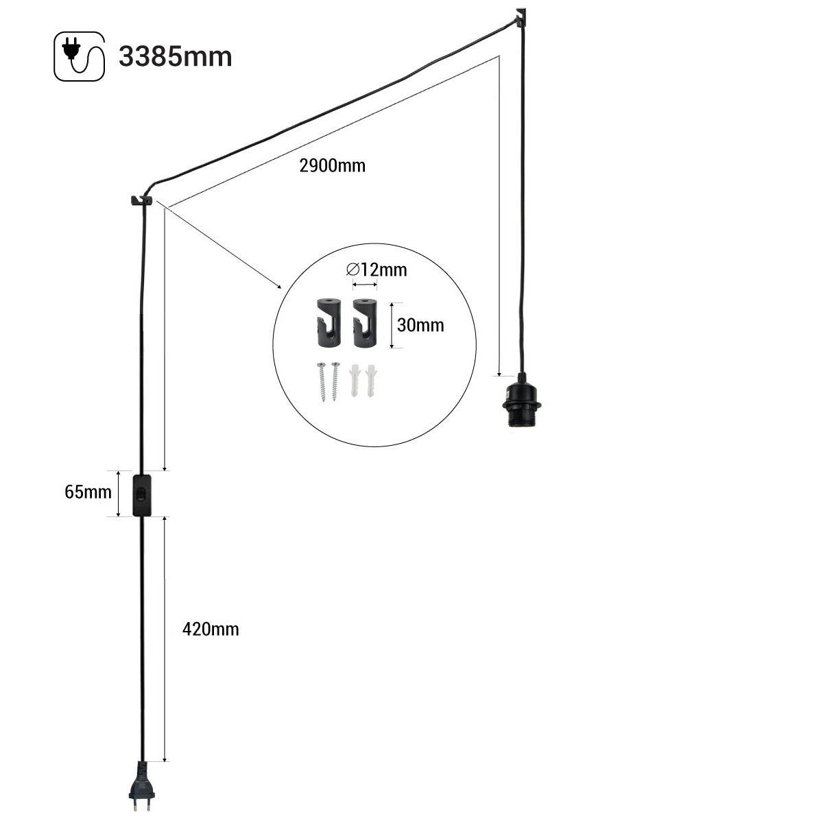 Casquillo E27 con cable de PVC, interruptor y enchufe